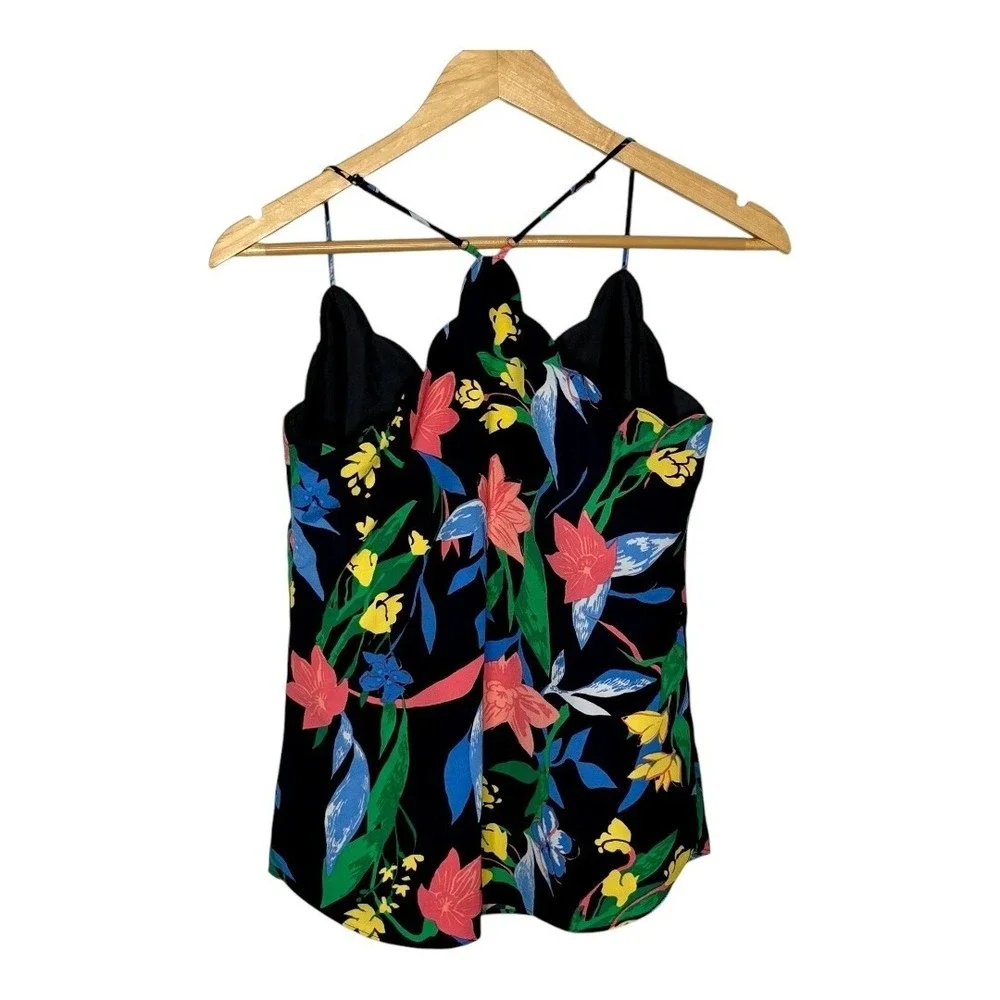 J.Crew Scalloped Floral Cami‎ Women 0 Black Pink Blue Tropical Summer Tank Top